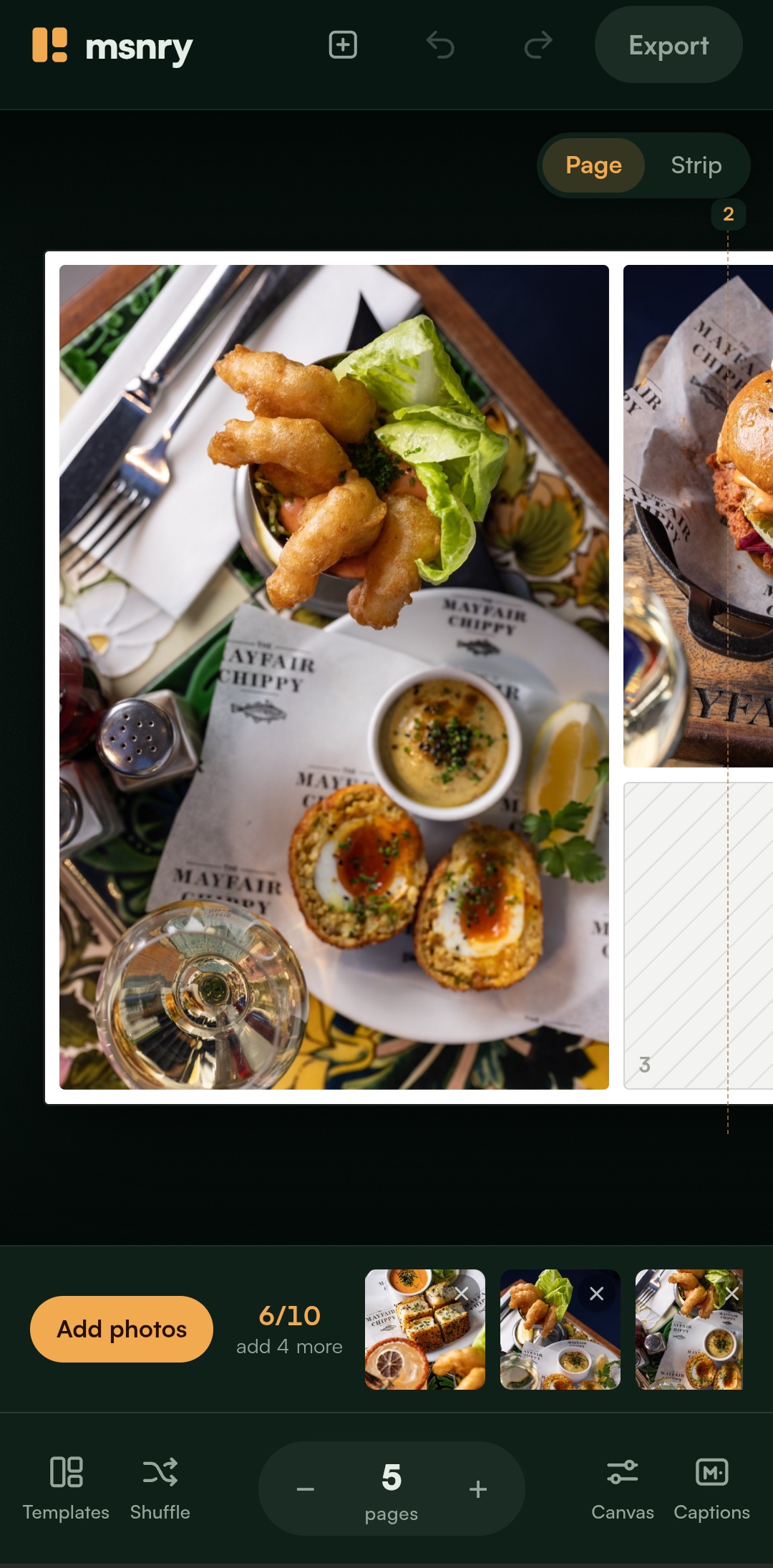 The msnry editor: a masonry grid of restaurant photographs above template, shuffle and caption controls