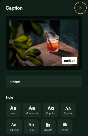 msnry's caption editor: a cocktail photograph with the caption 'ember' and a grid of typeface options